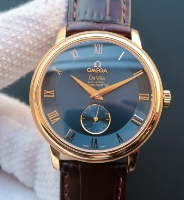 Replica Omega MKF De Ville 39mm RG Co-Axial Blue Dial Brown Leather A2202