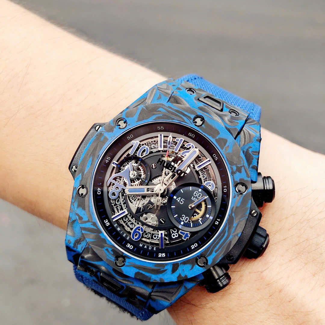 Hublot Big Bang Unico Blue Carbon Replica Watches Best Quality Fabric Strap 45mm