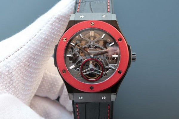 Replica Hublot Classic Fusion Tourbillon 45mm TF Red Bezel Skeleton Dial Black Gummy Strap A23J