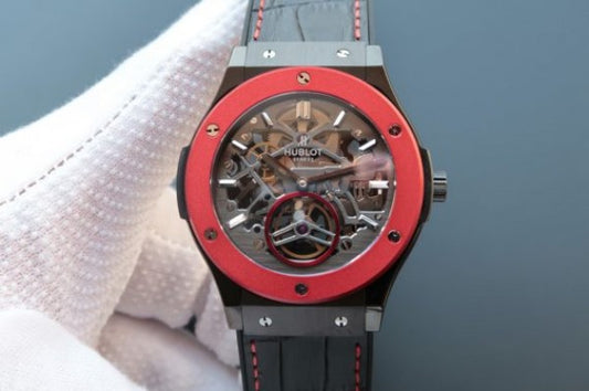 Replica Hublot Classic Fusion Tourbillon 45mm TF Red Bezel Skeleton Dial Black Gummy Strap A23J