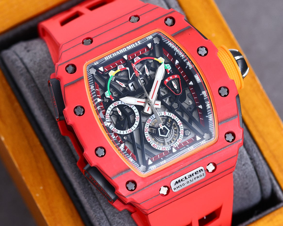 Best Richard Mille RM 50-03 Mclaren Replica Red Strap Watch For Men ¨C Red Carbon Skeleton Dial with Swiss Movement
