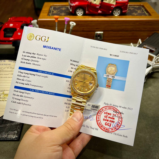 Rolex Fake Watch Day-Date Yellow Dial Custom Moissanite Diamonds 40mm