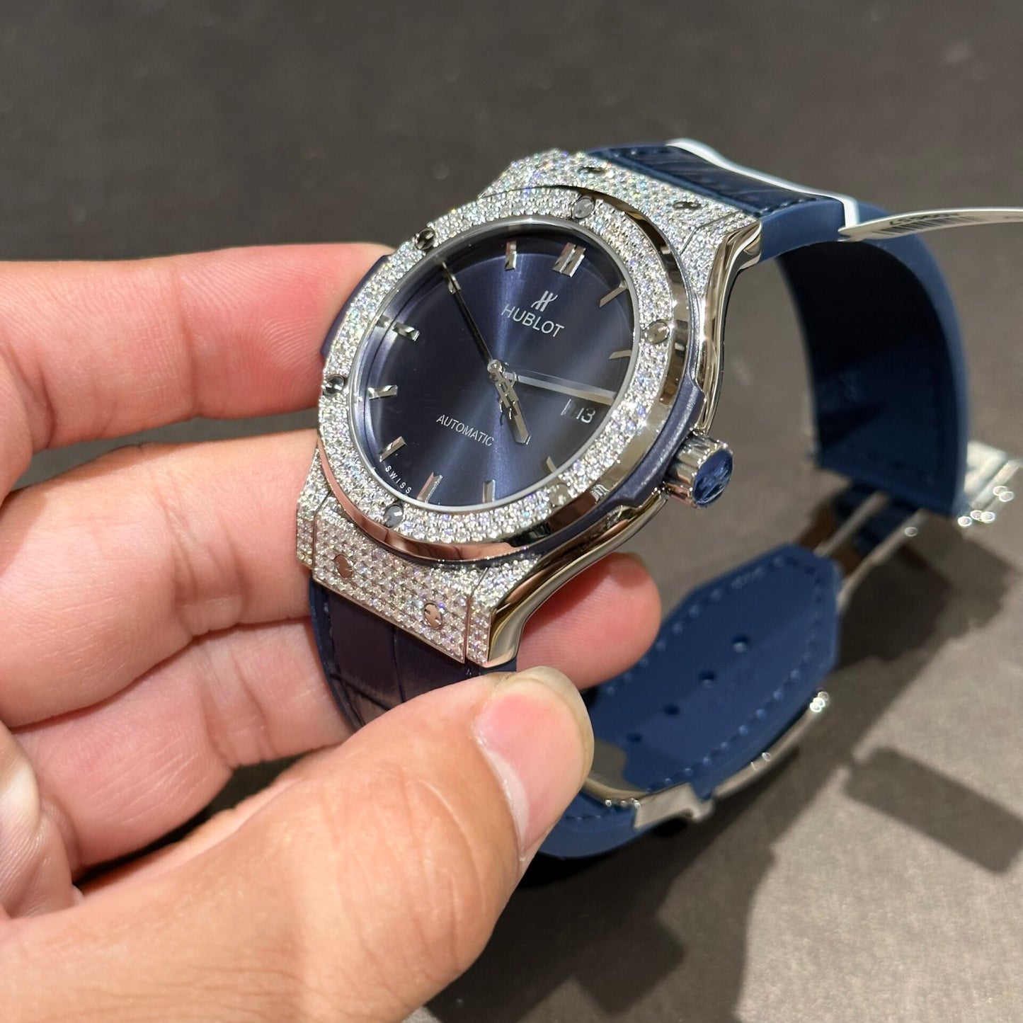 Hublot Replica Watch With Full Diamond Moissanite Diamonds Blue Dial 42mm