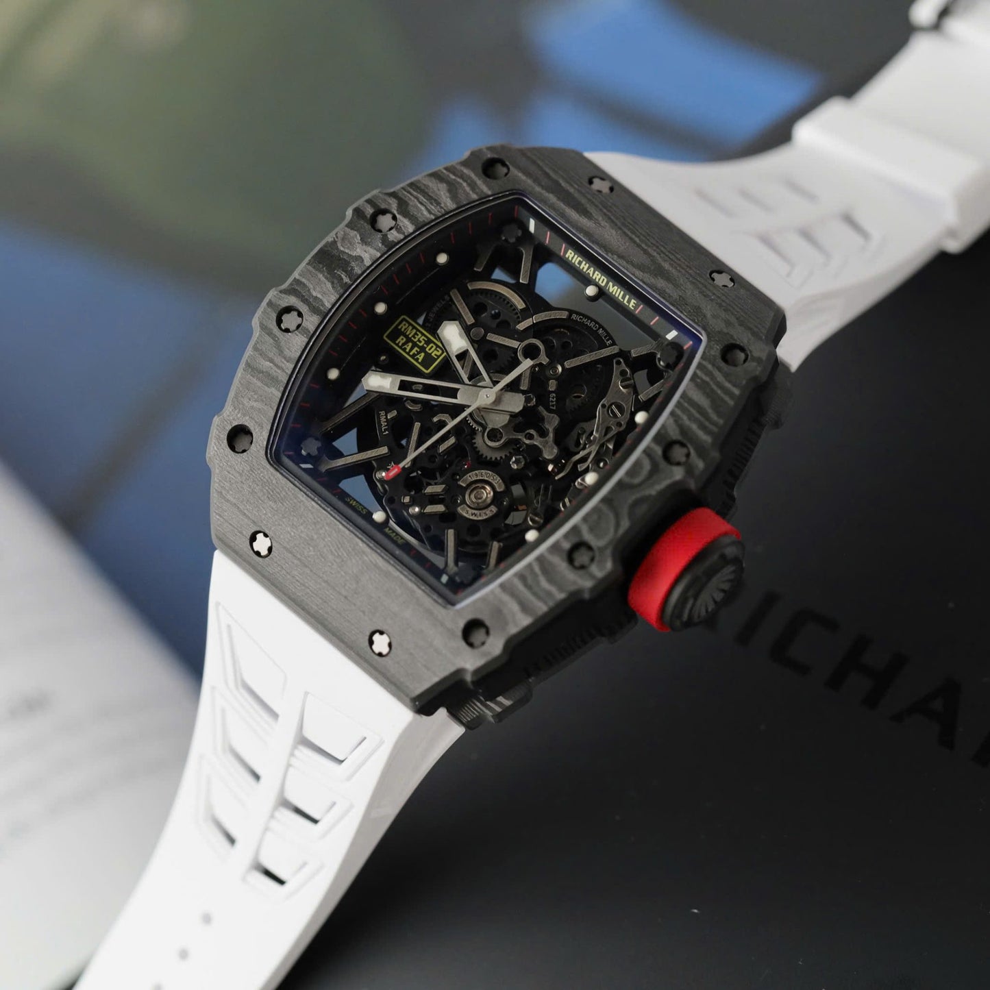 Richard Mille RM35-02 Knock Off Watches Carbon Super Light Rubber Strap Red ZF Factoy 44mm