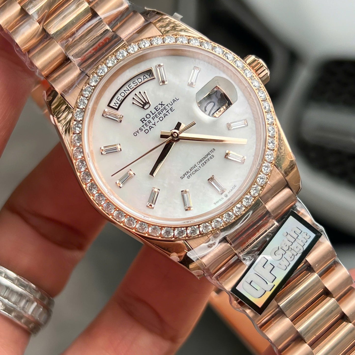Rolex Day-Date Dial MOP Replica Watch Weight 158 ??Grams Bezel Moissanite Diamonds QF Factory 36mm