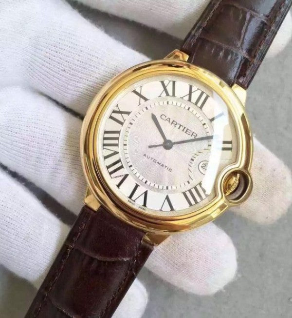Replica Cartier JF Ballon Bleu 42mm YG White Textured Dial Leather Strap MIYOTA9015