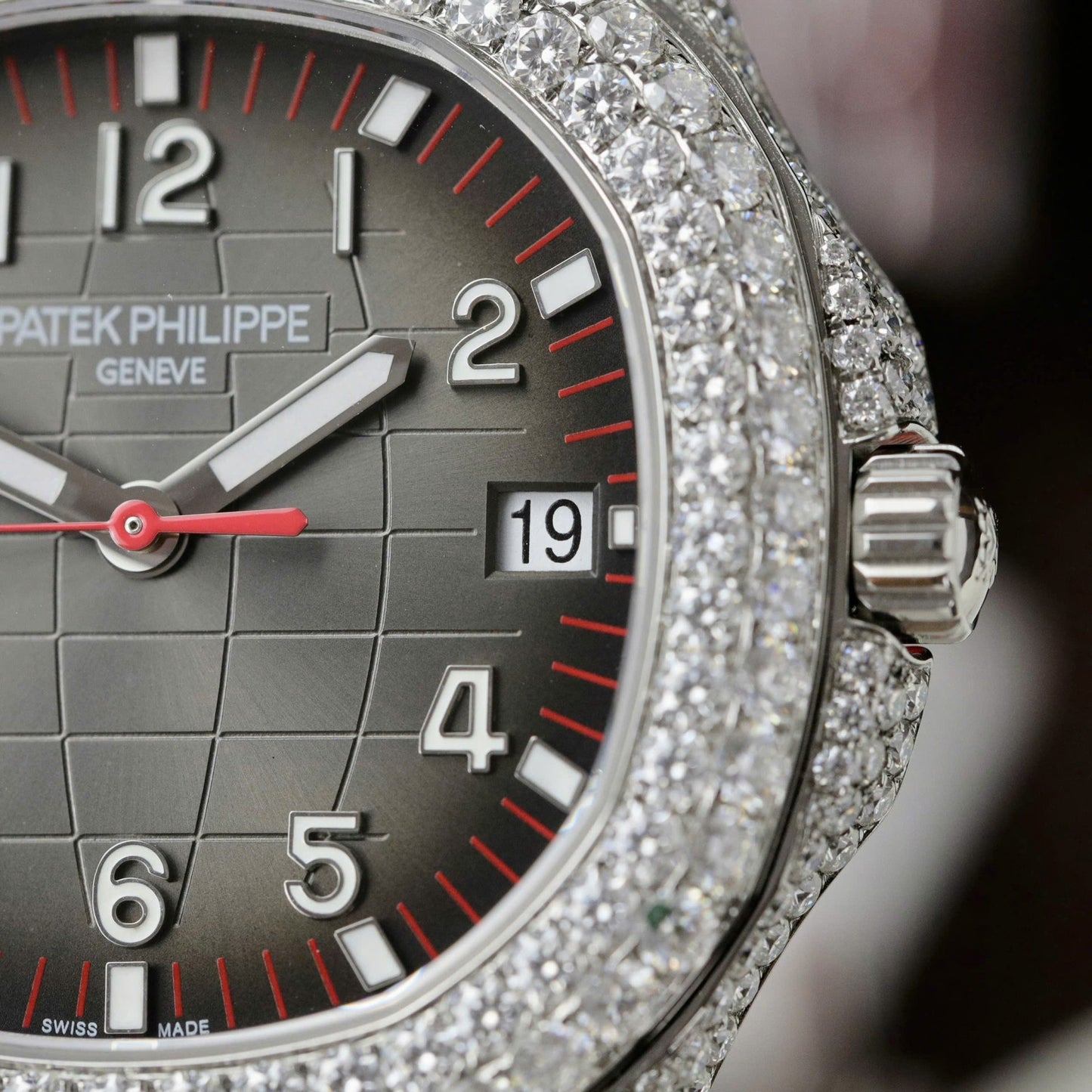Patek Philippe Aquanaut 5167 Rep 11 Watch Custom Moissanite Diamonds Red Rubber Strap 40mm