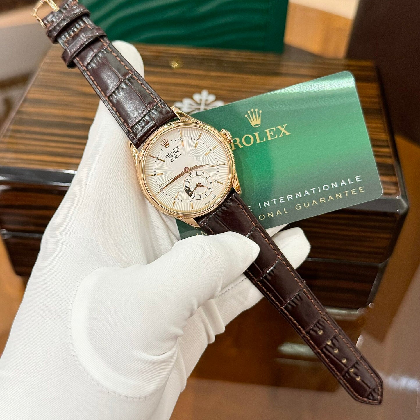Rolex Cellini 50525 Replica Watch Rose Gold Brown Strap 39mm
