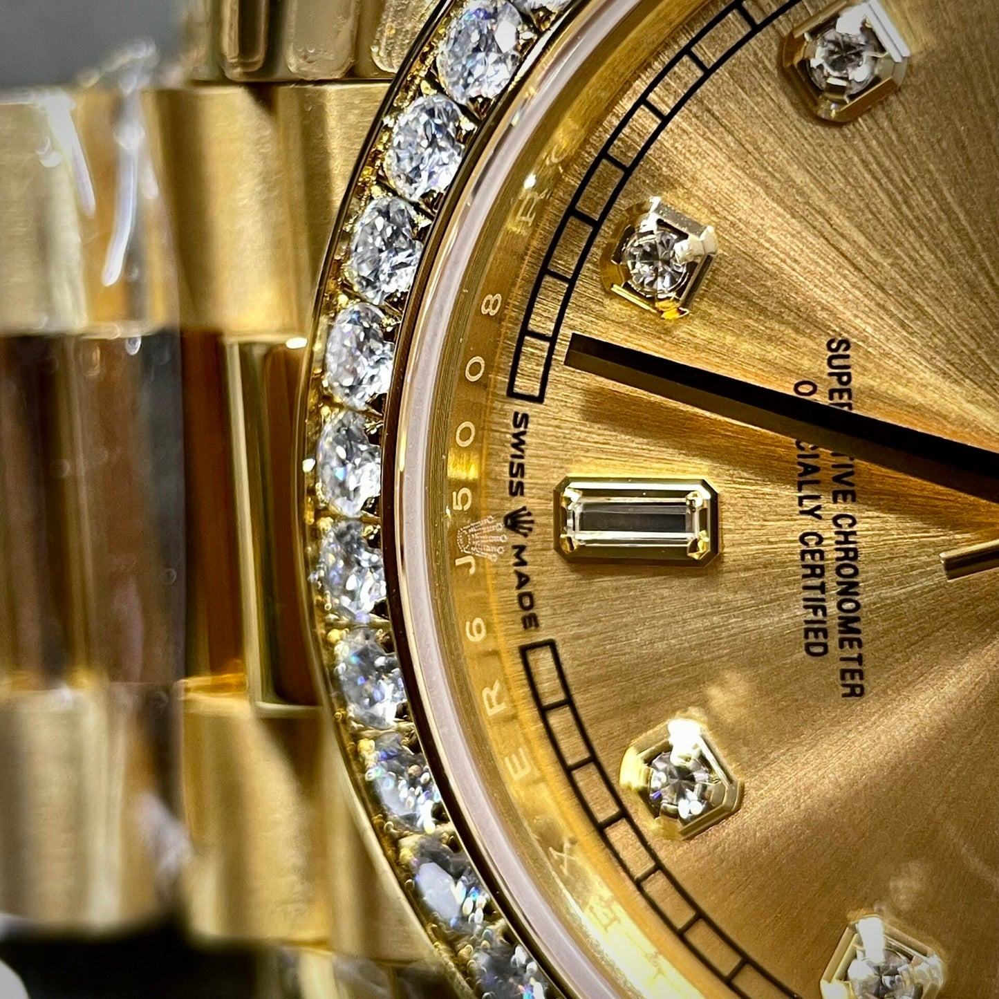 Rolex Fake Watch Day-Date Yellow Dial Custom Moissanite Diamonds 40mm