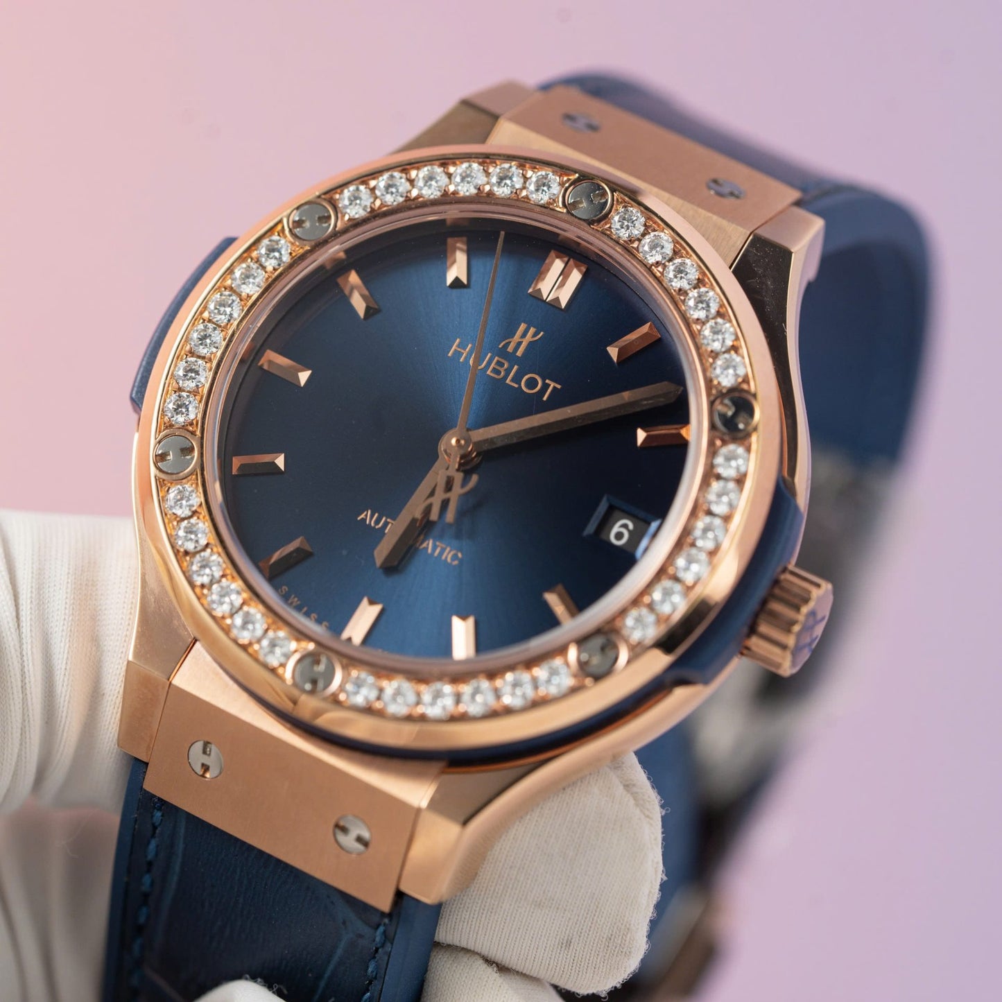 Hublot Replica Watch Classic Fusion King Gold Blue Dial Moissanite Diamond Bezel 38mm