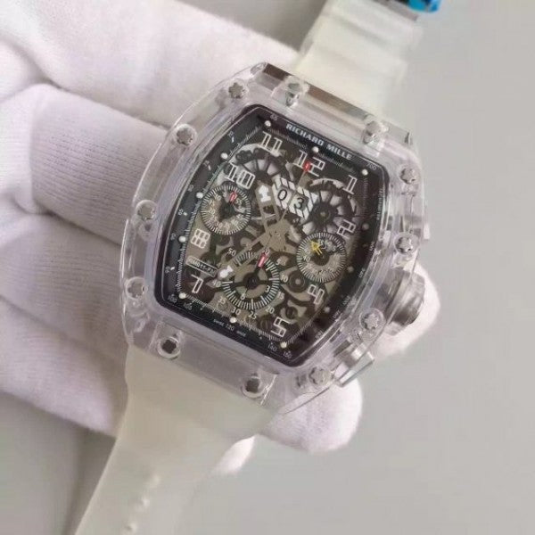 Replica Richard Mille RM011 Transparent Case White Bezel Skeleton Dial White Rubber Strap A7750