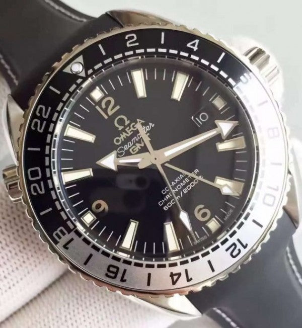 Replica Omega Planet Ocean 600M GMT Black/Silver Bezel Black Dial Rubber Strap A8906