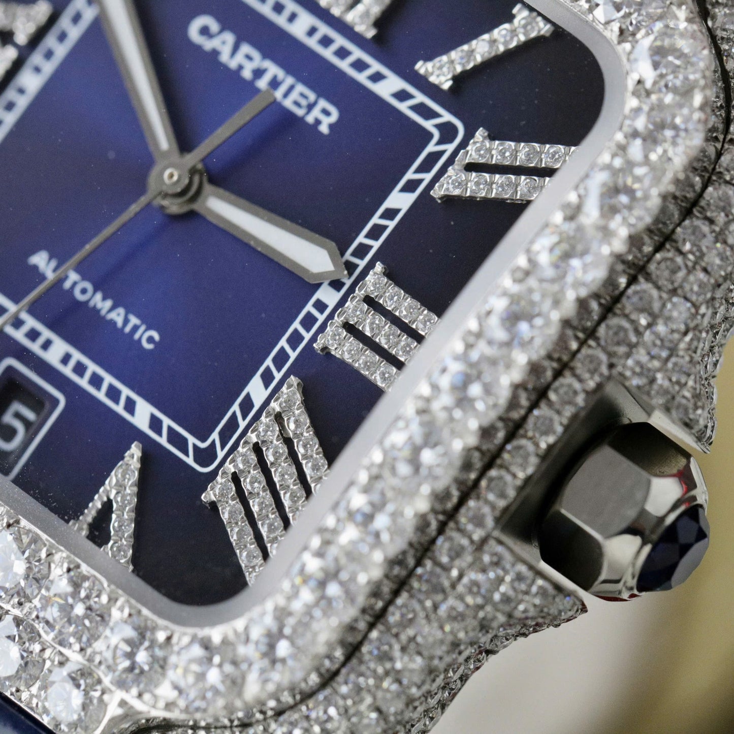Cartier Santos Copies Watch Dial Blue Custom Diamonds Moissanite Hong Kong 39.8mm