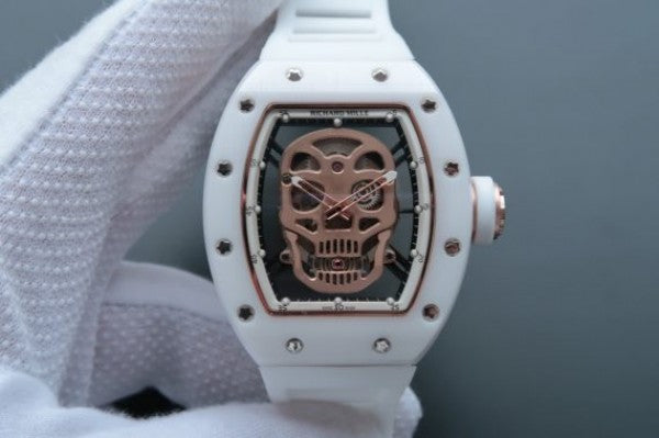 Replica Richard Mille RM052 White Ceramic Gold Skull Dial White Rubber Strap MIYOTA8215