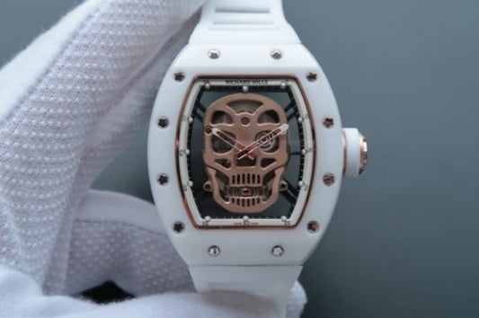 Replica Richard Mille RM052 White Ceramic Gold Skull Dial White Rubber Strap MIYOTA8215