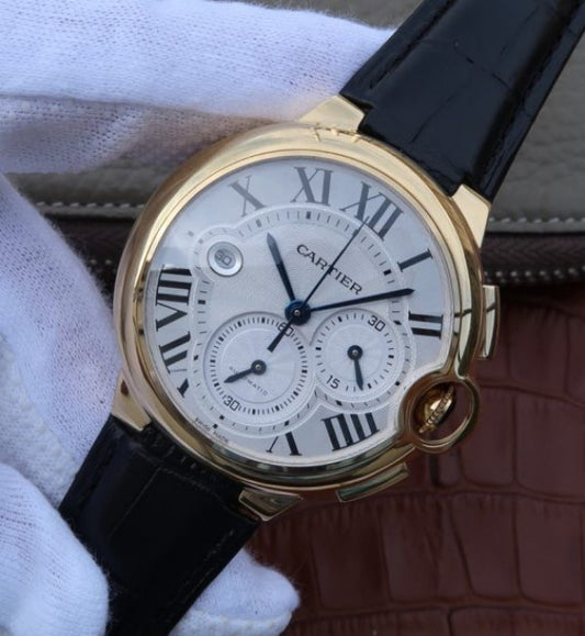 Replica Cartier Ballon Bleu De Cartier Chrono 47mm YG White Dial Leather Strap A8101