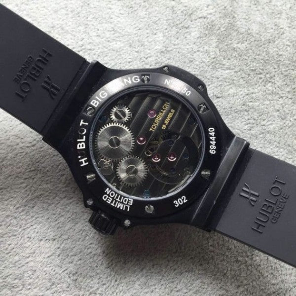 Replica Hublot Big Bang Tourbillon Ceramic Case Black Dial Rubber Strap