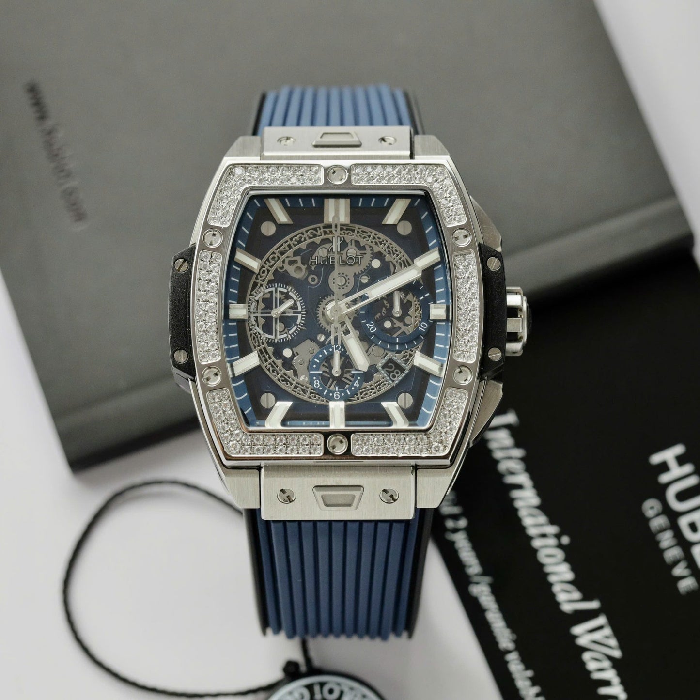 Hublot Spirit Of Big Bang Titanium Dial Blue Custom Moissanite Diamonds Hong Kong 42mm