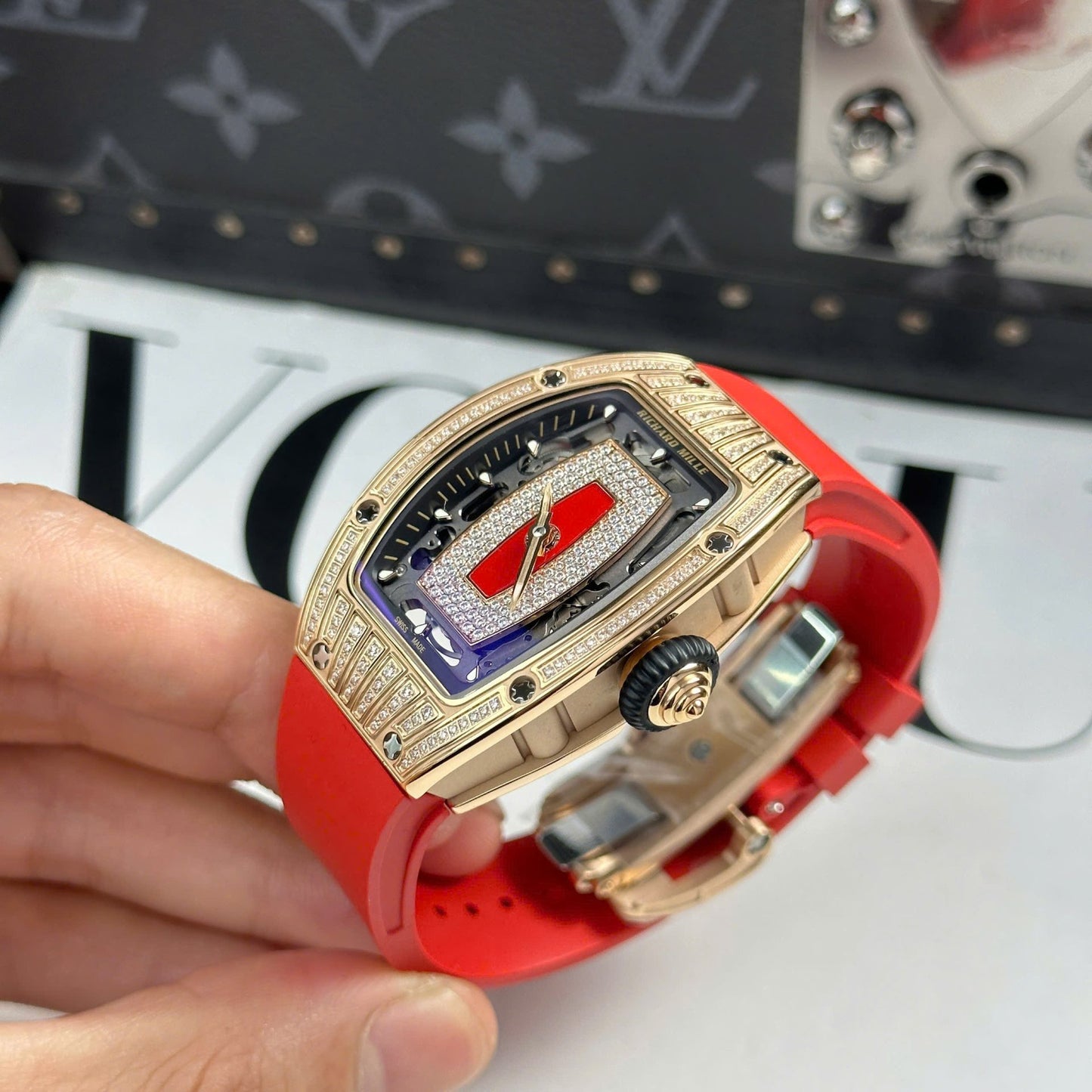 Richard Mille RM07-01 Best Replica Watches Diamonds Red Rubber Strap ZF Factory 36mm