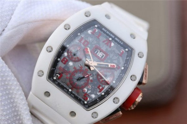 Replica Richard Mille RM011 RG White Ceramic Felipe Massa Black Inner Bezel White Rubber Strap A7750