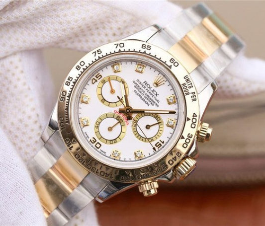 Replica Rolex Daytona 116523 Thick YG Wrapped White Dial Diamonds Markers Bracelet A7750