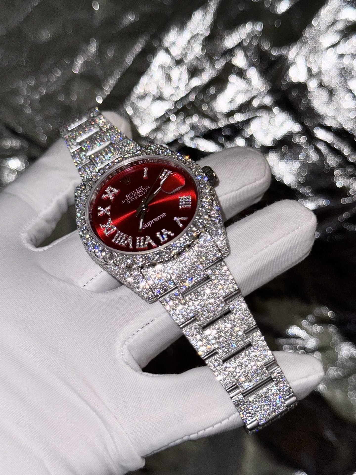 Rolex Best Replica Watch DateJust Supreme Custom Moissanite Diamonds Red Dial 41mm