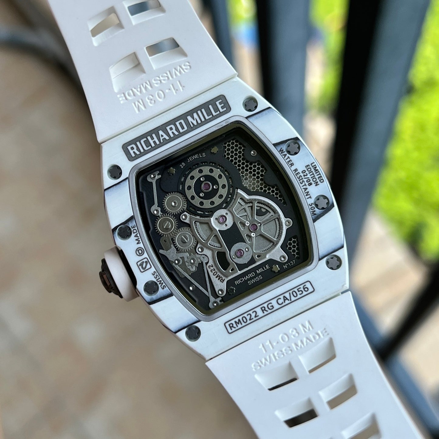 Richard Mille RM 022 Replica White Case White Strap Watch For Men ¨C Skeletonized Dial And Carbon Fiber Case