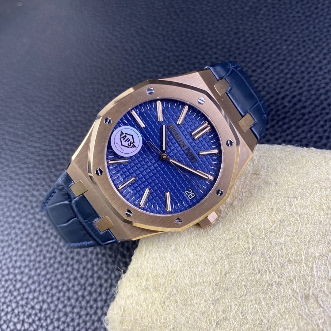 Audemars Piguet Replica AP Watch Royal Oak Selfwinding ¡°50th Anniversary¡± 41mm Rose Gold Blue Dial Leather Strap 15510OR.OO.D315CR.01-APS(1:1 replica)