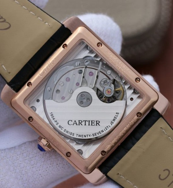 Replica Cartier Tank MC RG Gray Textured Dial Diamonds Bezel Leather Strap