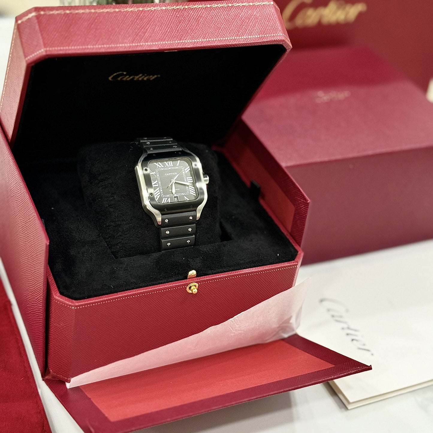 Cartier Replica Watches Santos Black Dial Roman Numeral Pile BV Factory 39.8mm