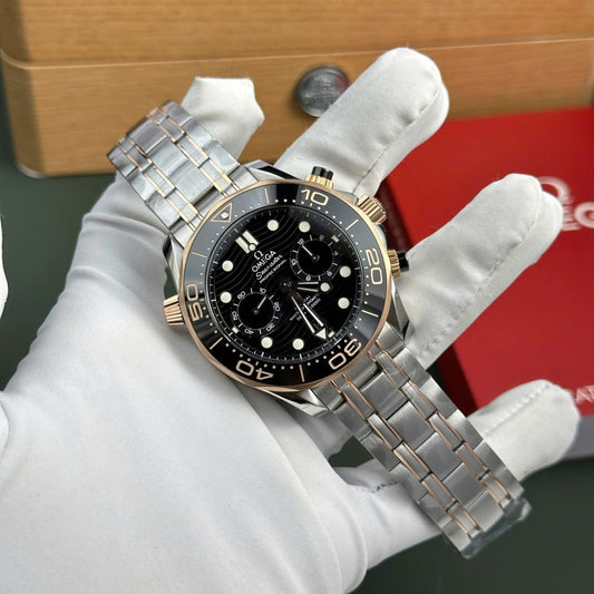 Omega Dial Black Copies Watches Seamaster Diver 300M Chronograph Demi Rose Gold N1 Factory 44mm