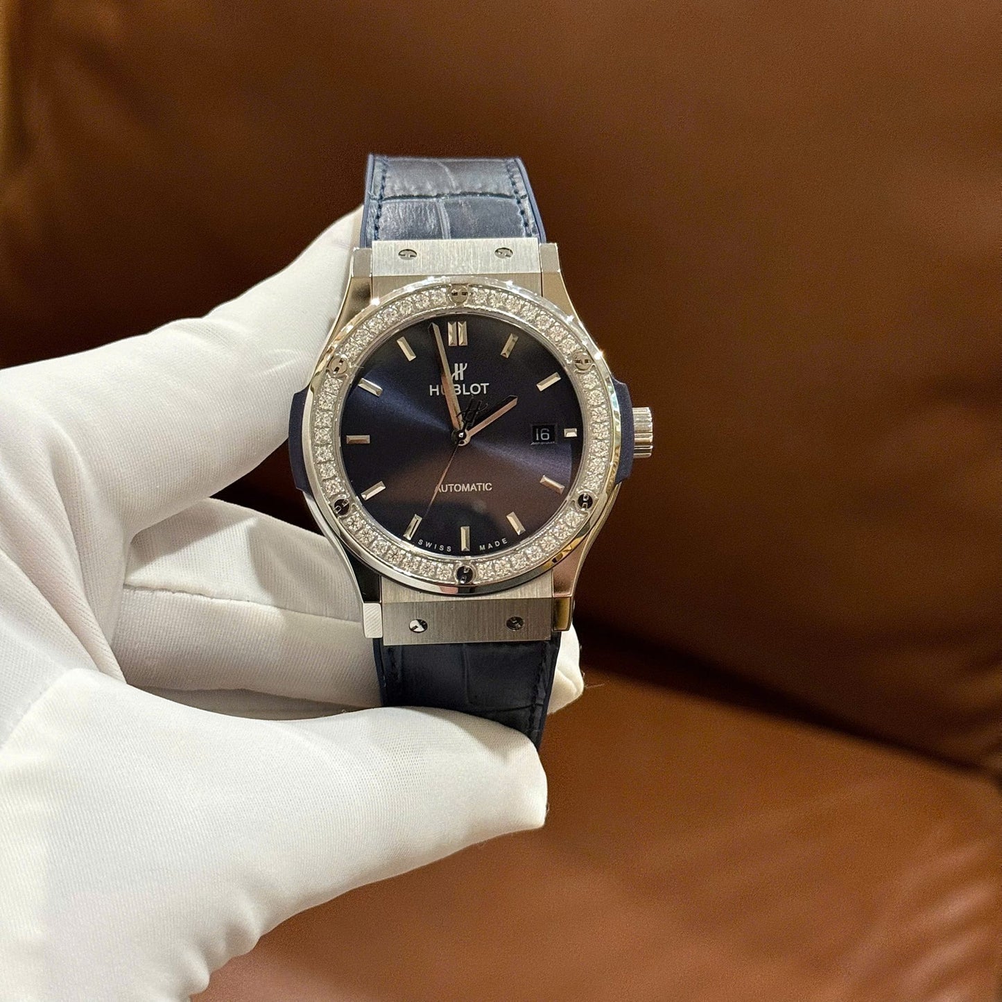Hublot Classic Fusion Fake Watch Men Blue Dial Bezel Stone CZ HB Factory 42mm