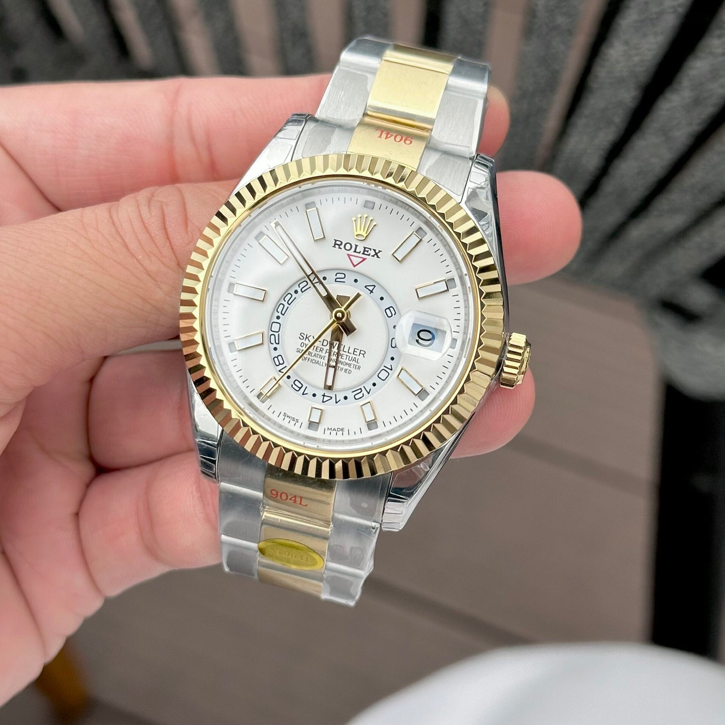 Rolex Sky-Dweller Replica Watch White Dial Demi Oyster Strap Factory N 41mm