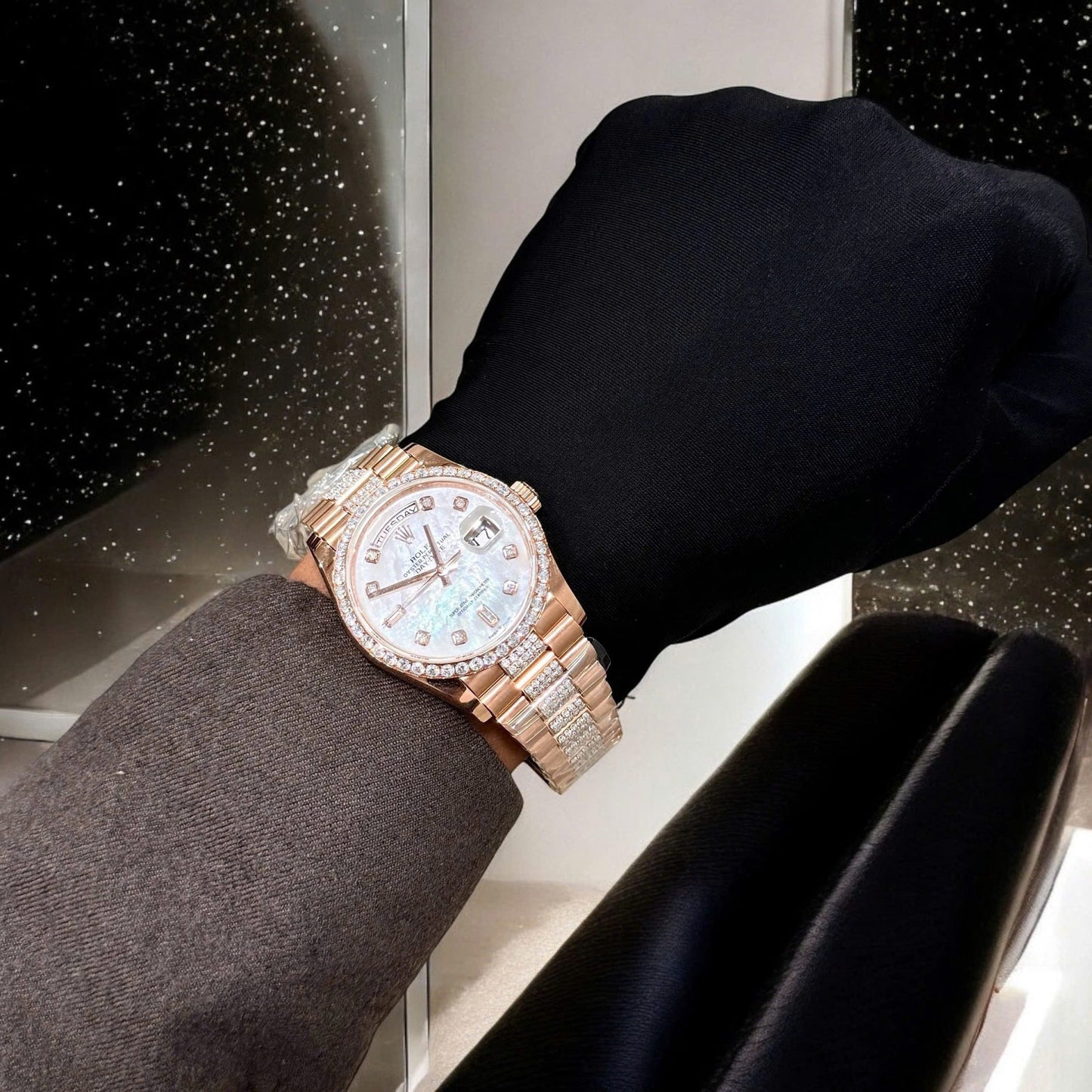 Rolex Day-Date Replica Watch Gold Wrapped Moissanite Diamonds Hong Kong 36mm