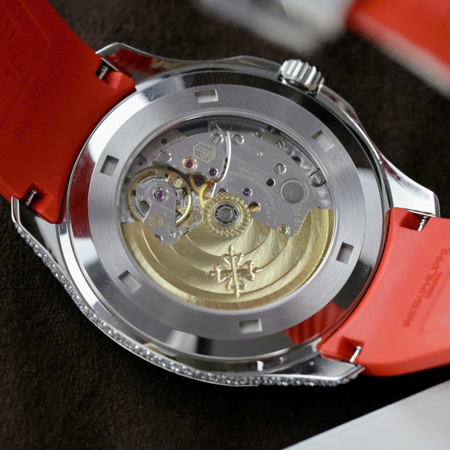 Patek Philippe Aquanaut 5167 Rep 11 Watch Custom Moissanite Diamonds Red Rubber Strap 40mm