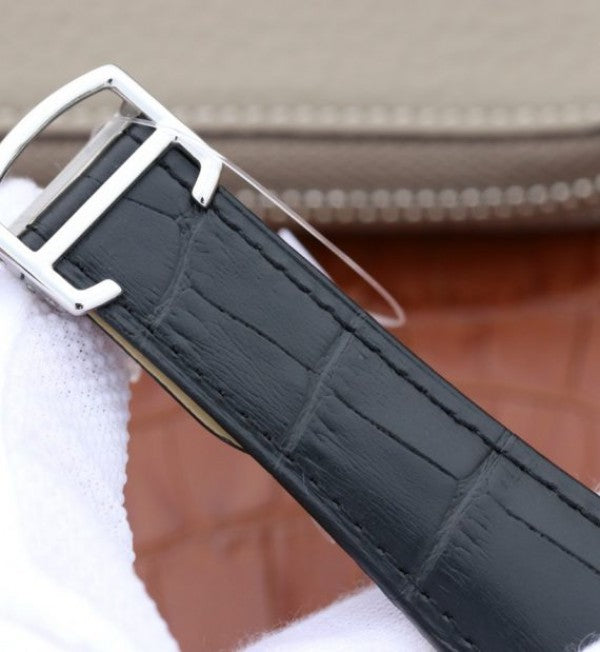 Replica Cartier Tank MC SS Textured White Dial Black Leather Strap
