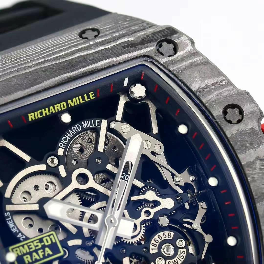 Richard Mille RM 35-01 Rafael Nadal Replica Swiss Watch ¨C Skeleton Dial, NTPT Carbon Case, Black Rubber Strap