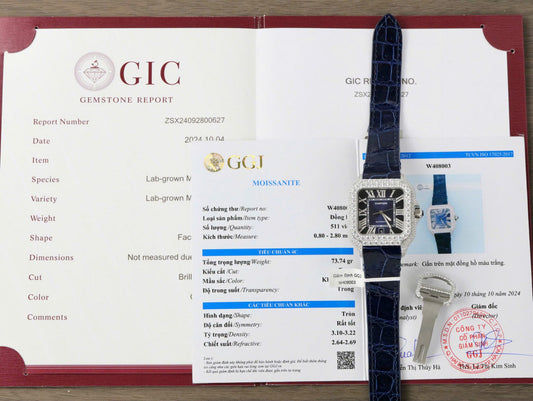 Cartier Santos Copies Watch Dial Blue Custom Diamonds Moissanite Hong Kong 39.8mm