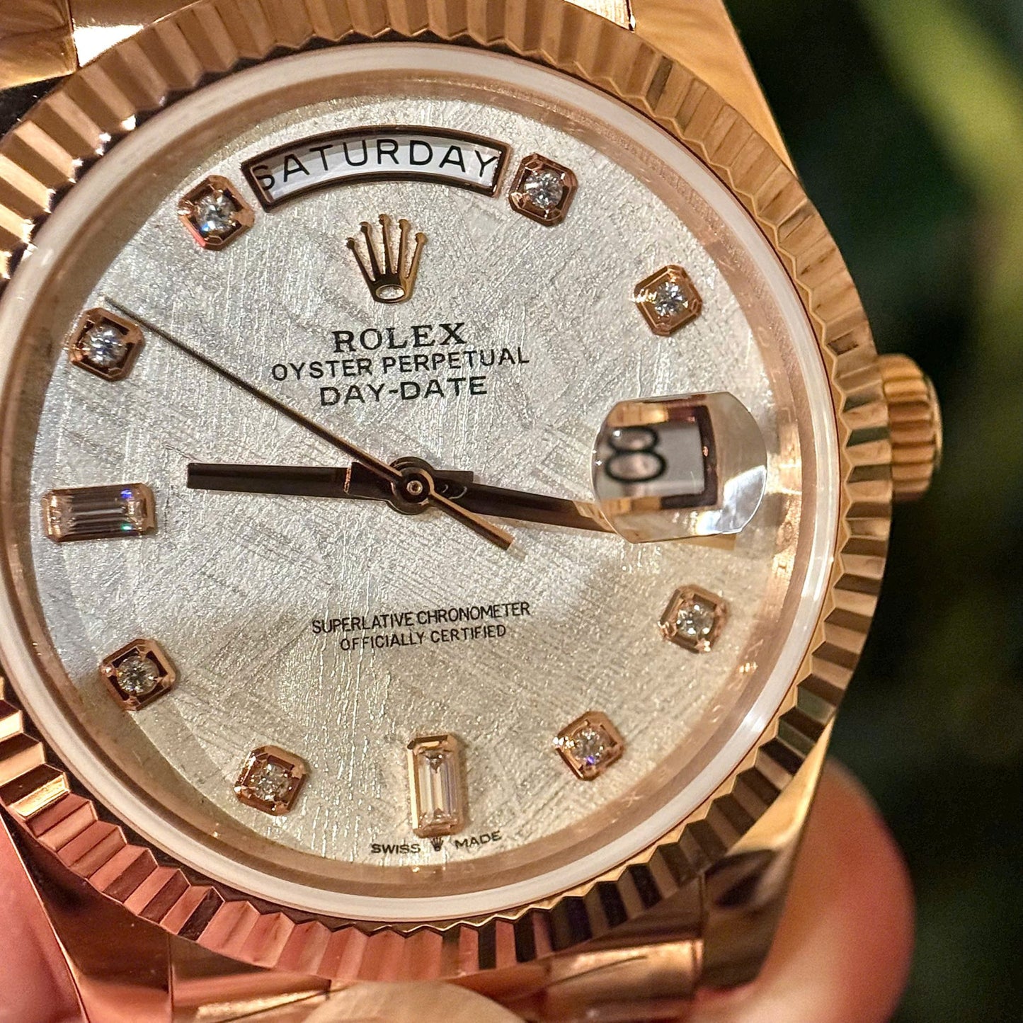 Rolex Replica Watch Day-Date Meteorite Dial With Moissanite Diamonds Hour Markers Custom Gold Wrapped GMF 40mm