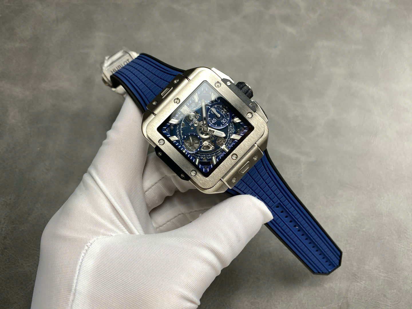 Hublo Square Bang Unico Titanium Replica Watches Blue Rubber Strap BBF Factory 42mm