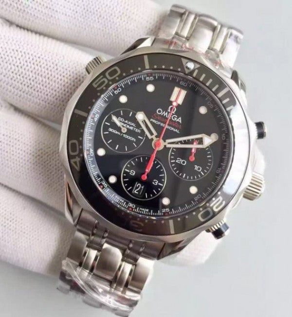 Replica Omega Seamaster 300m Diver Black Dial Black Inner Bezel SS Bracelet A7753