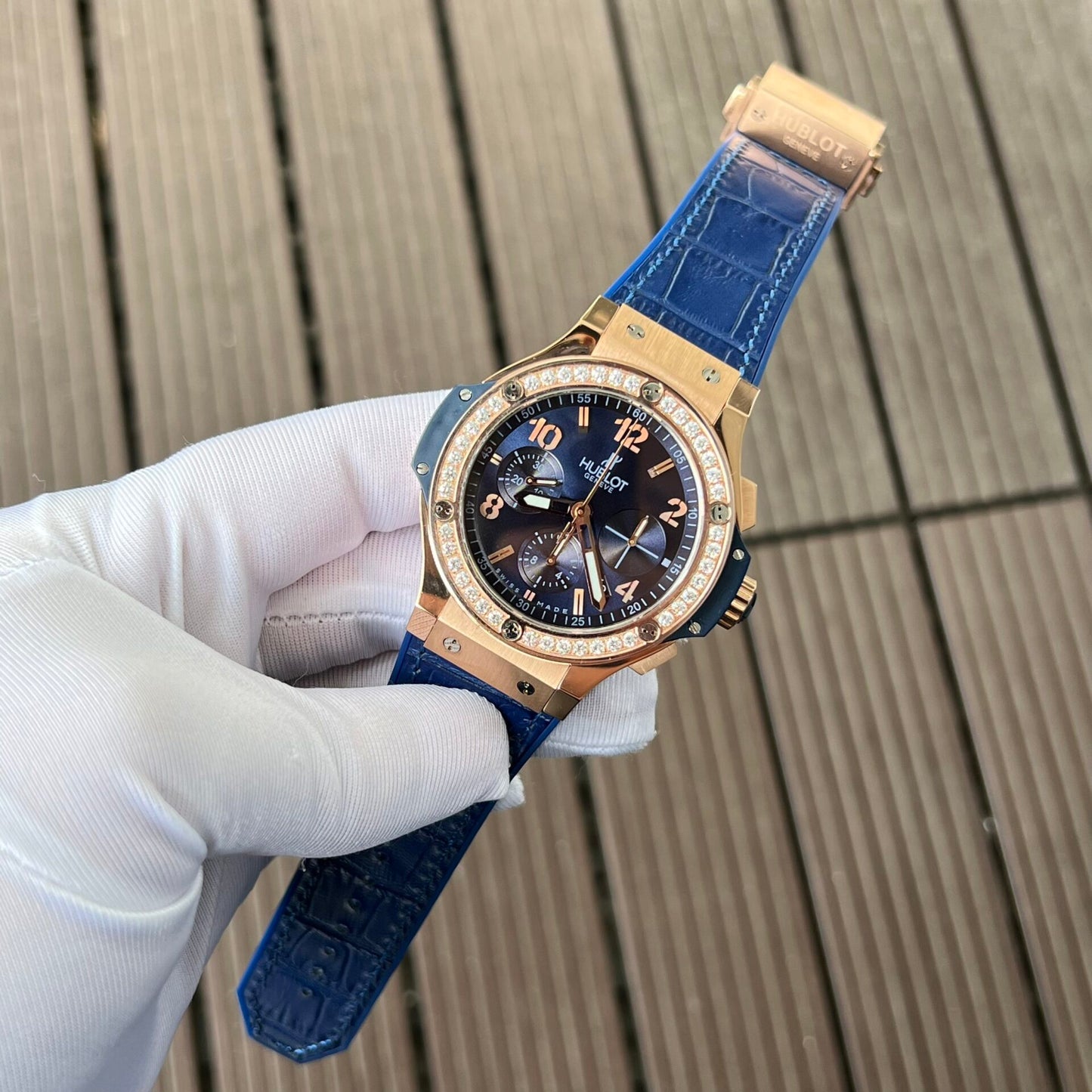 Hublot Big Bang Chronograph Replica Watch King Gold Blue With Diamond Bezel 44mm