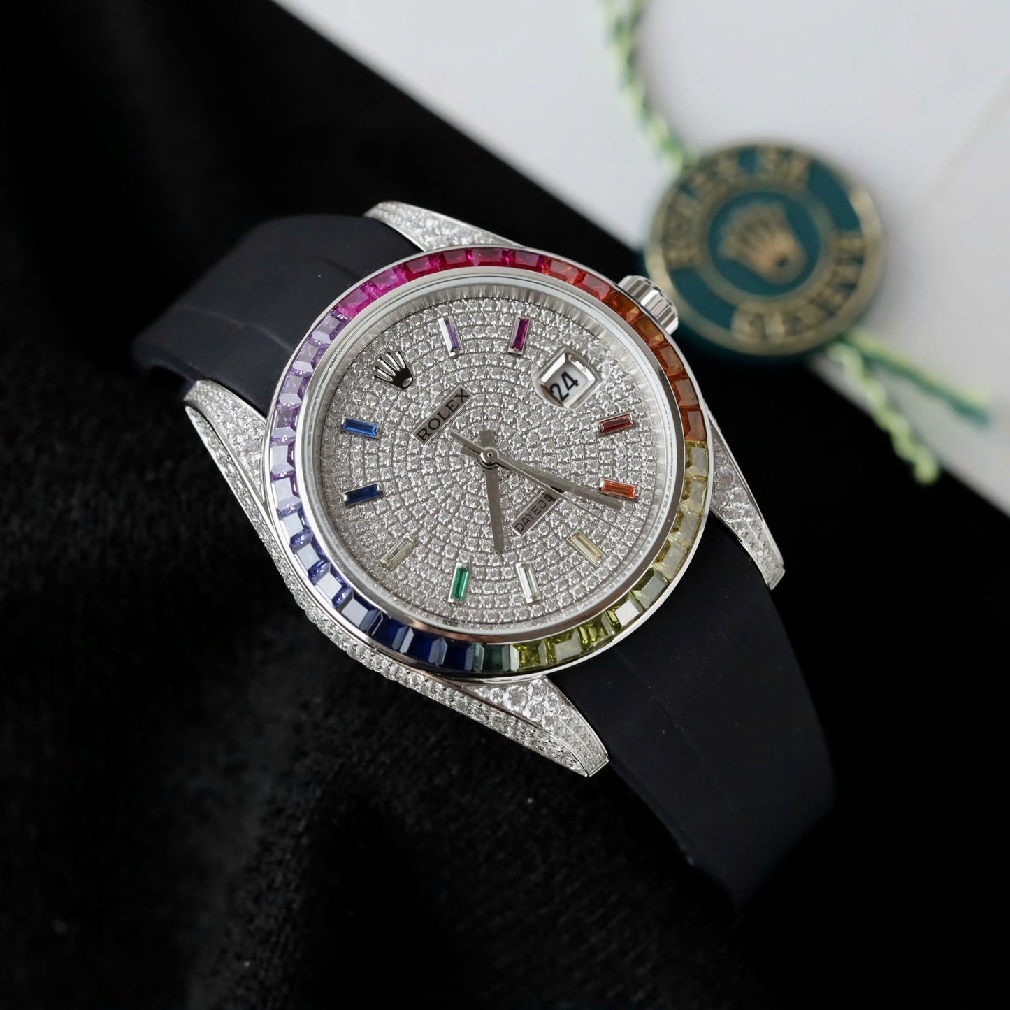 Rolex DateJust Rainbow Fake Watch Rubber Strap 41mm