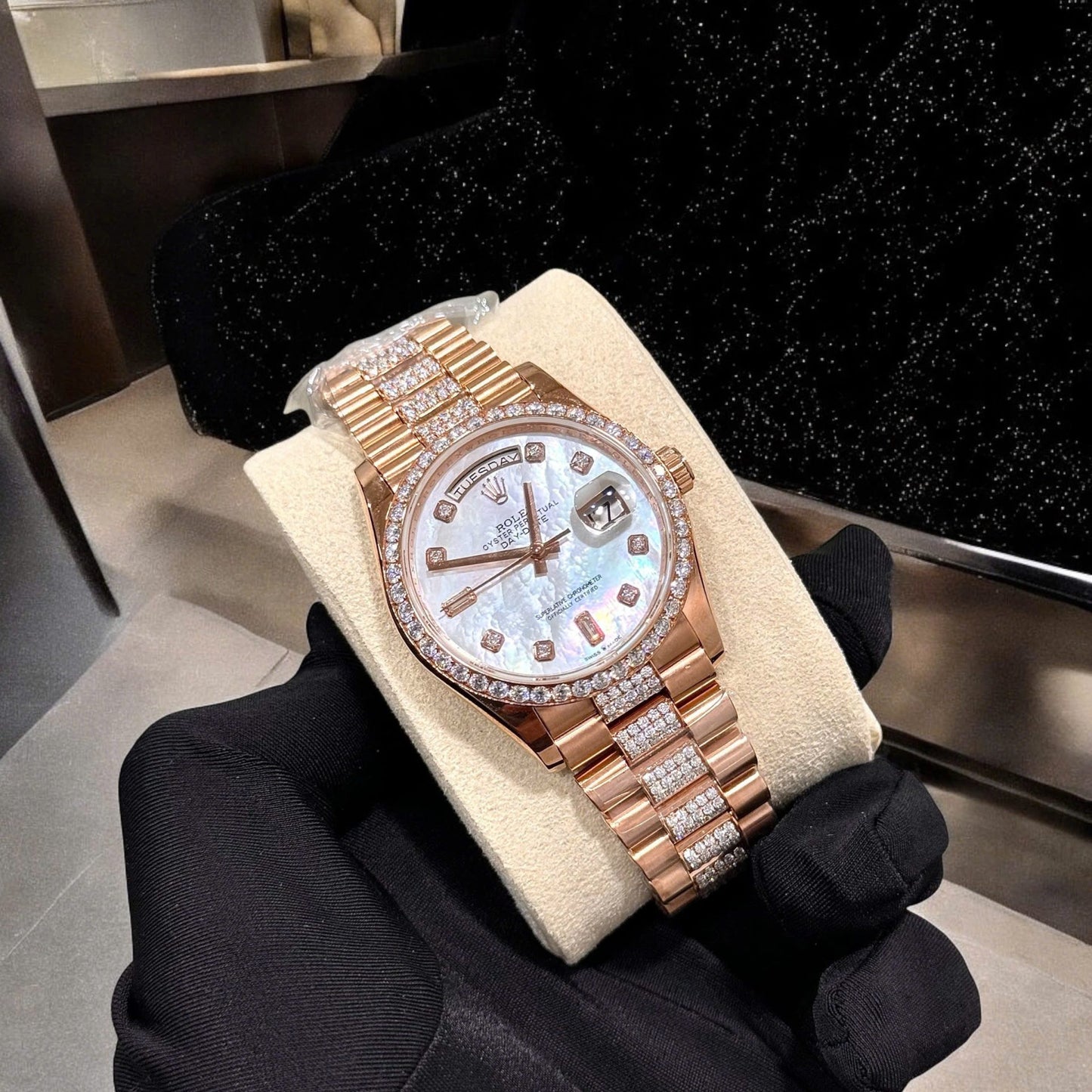 Rolex Day-Date Replica Watch Gold Wrapped Moissanite Diamonds Hong Kong 36mm