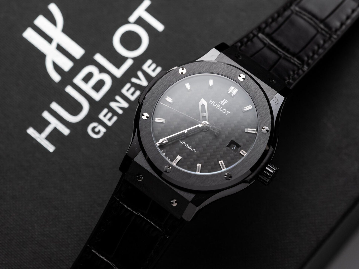 Hublot Classic Fusion Ceramic Carbon Dial Replica Watch Leather Strap GSF 42mm