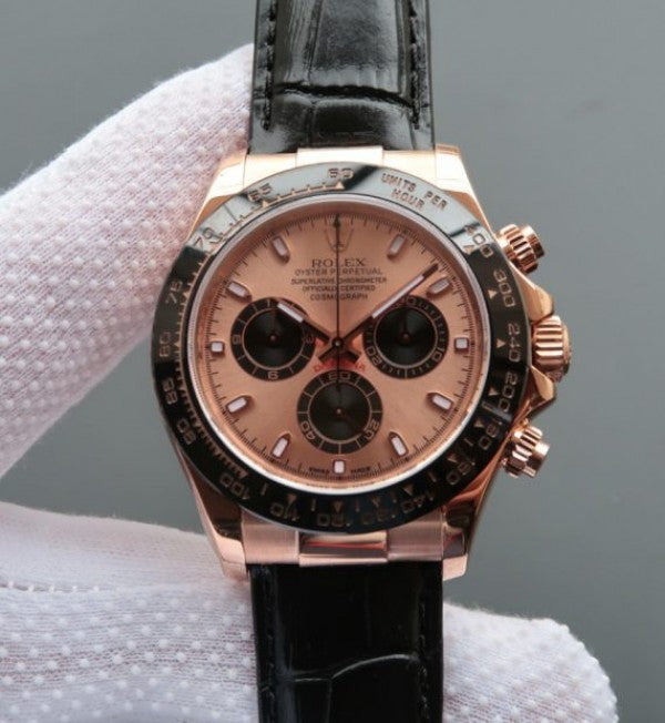 Replica Rolex Daytona 116515 N RG/Black Dial Black Leather Strap A7750