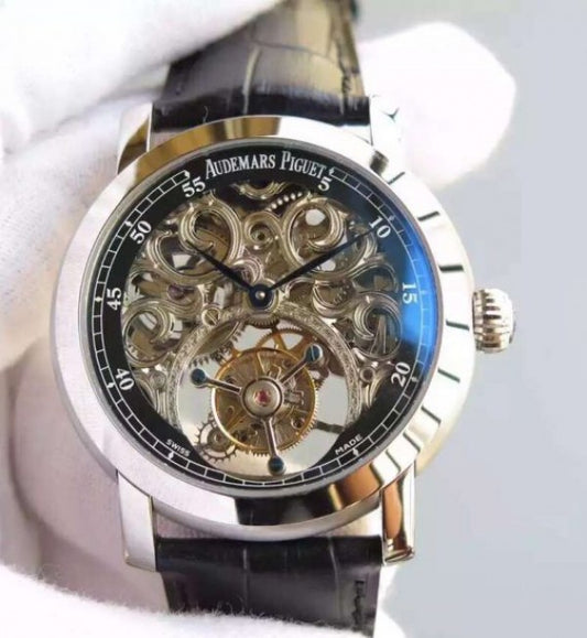 Replica Audemars Piguet Jules Audemars Skeleton Tourbillon SS Black Dial Leather Strap