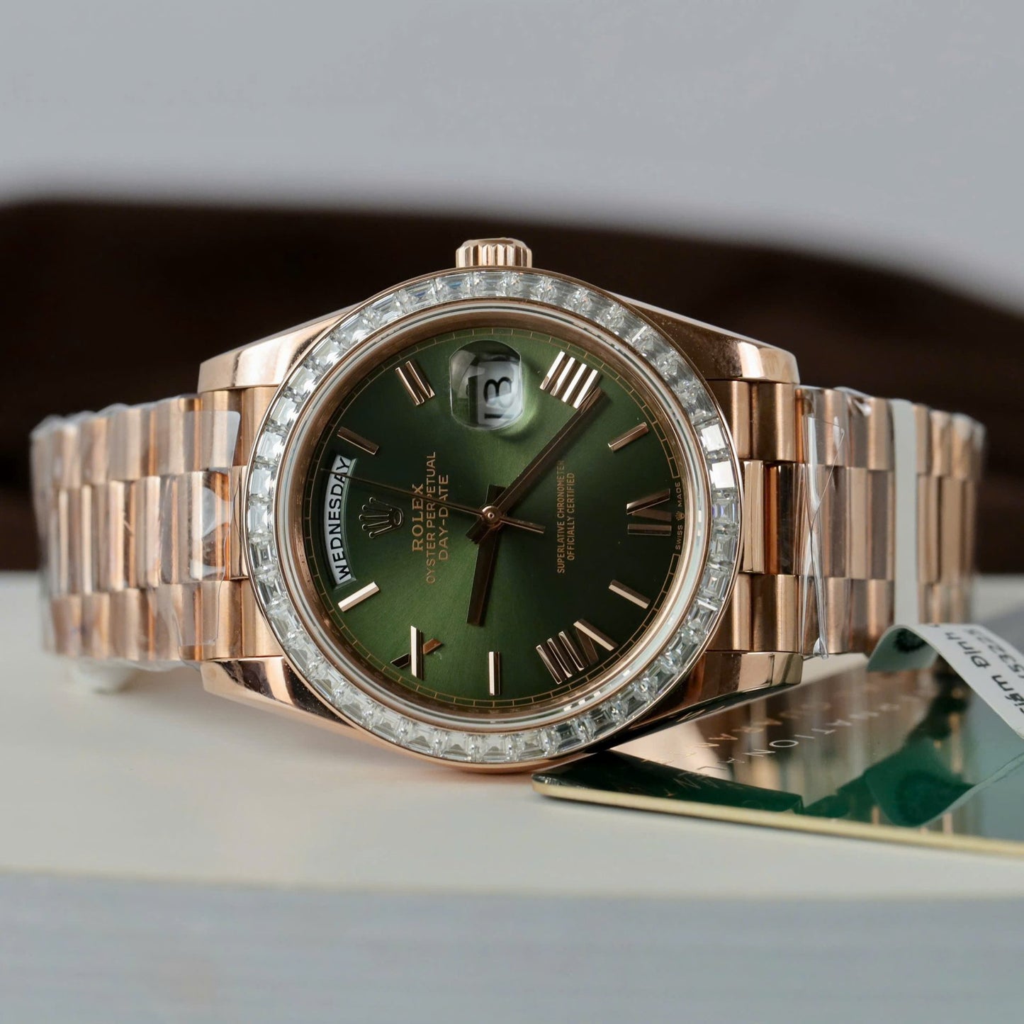Rolex Day-Date Geen Dial Copies Watches Gold Wrapped + Diamonds Moissanite Baguette 40mm
