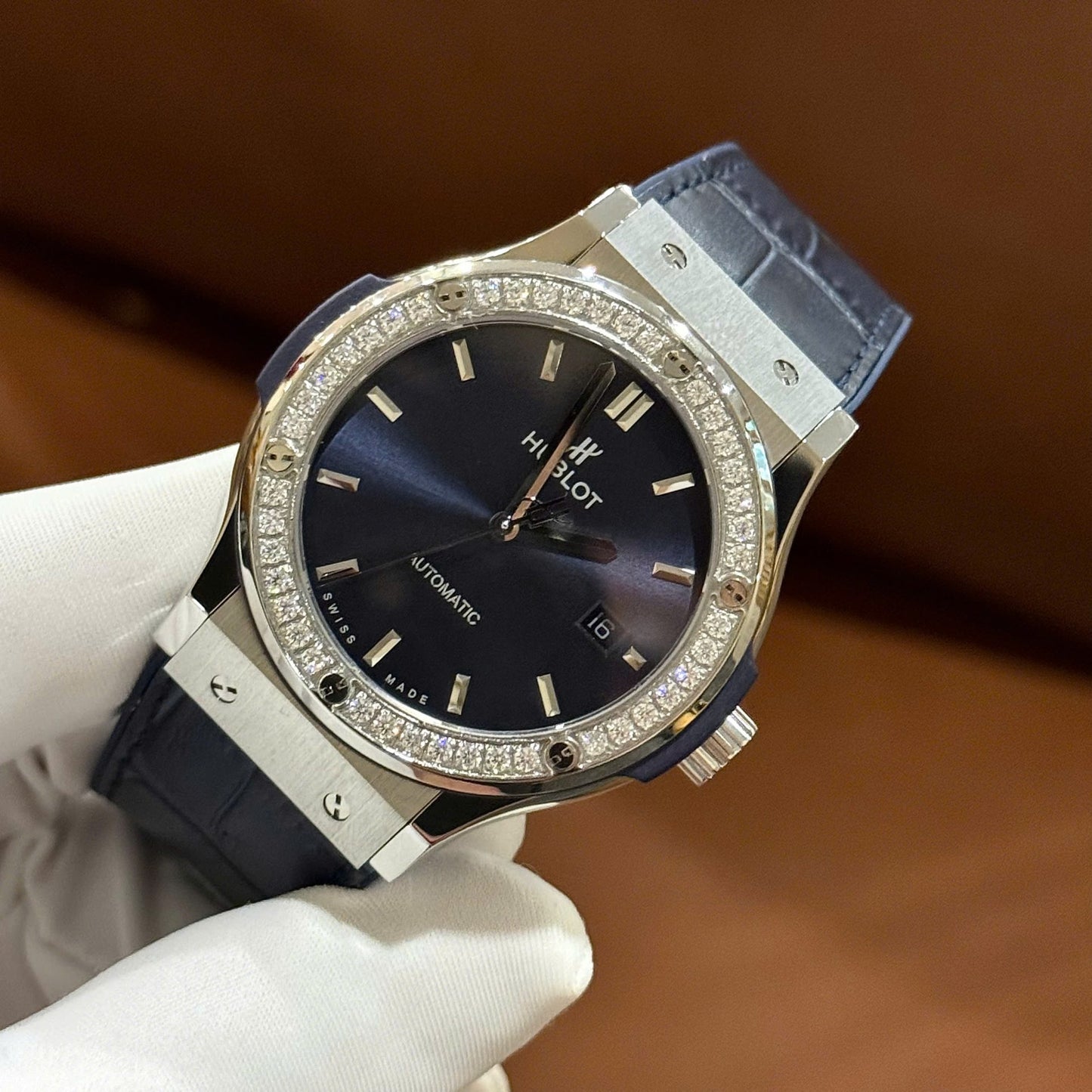 Hublot Classic Fusion Fake Watch Men Blue Dial Bezel Stone CZ HB Factory 42mm