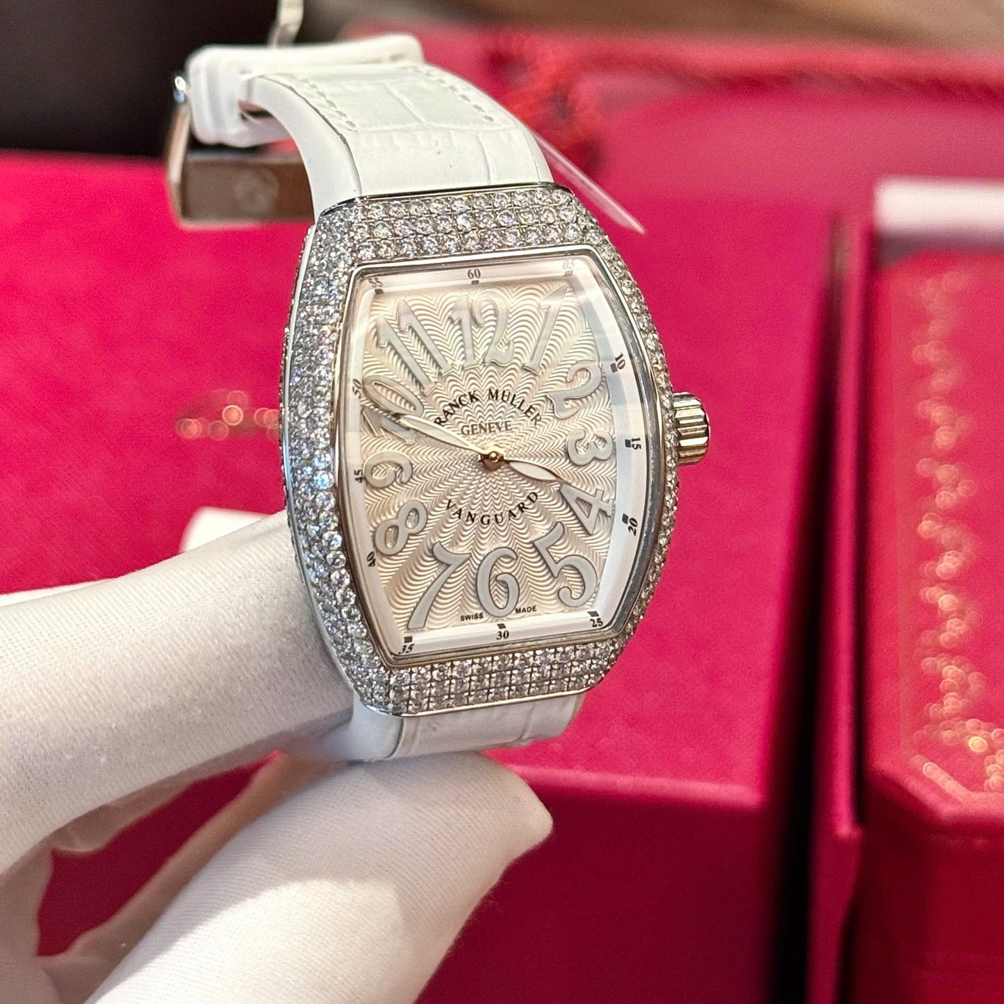 Franck Muller V32 White Dial Replica Watch Custom Diamonds Moissanite Hong Kong 36mm